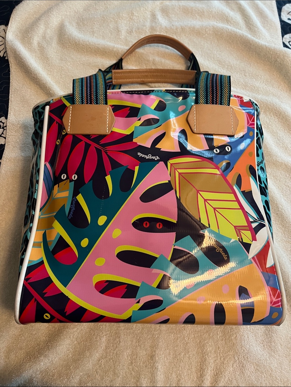 Consuela Multicolor Tropical Leaf Tote with Tan Handles